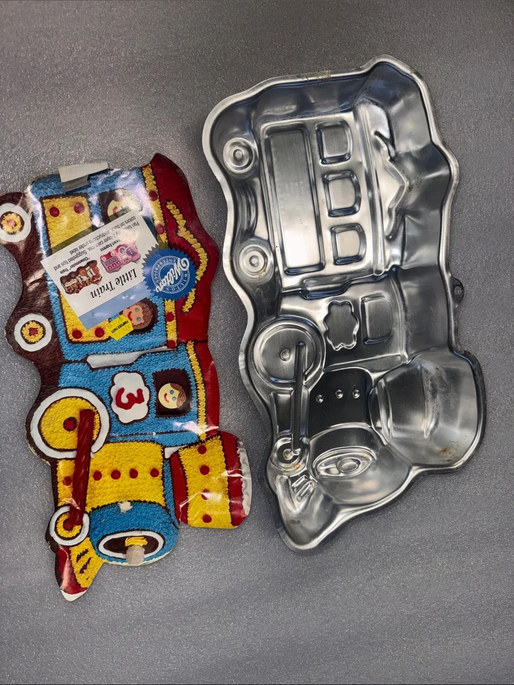 Wilton Train Cake Pan with Bright Red, Yellow, Blue, Brown, White Accents